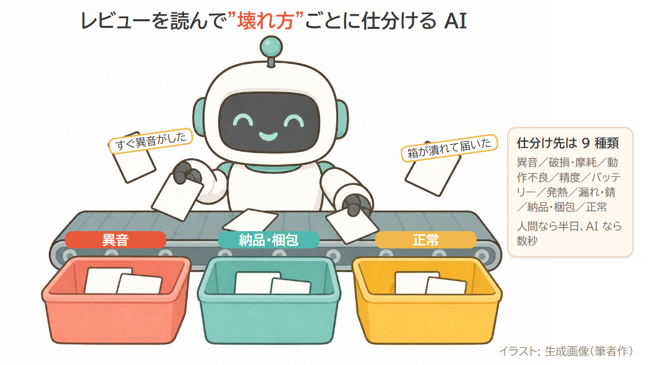 レビューを読んで壊れ方ごとに仕分けるAIのイメージ。仕分け先は異音・破損・摩耗・動作不良・精度・バッテリー・発熱・漏れ・錆・納品・梱包・正常の9種類