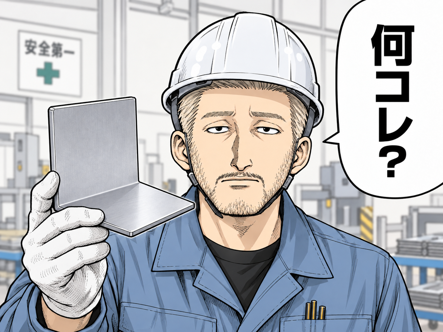 塗装用の吊り穴を削除した板金部品を手に「何コレ?」と問いかける現場作業者のイラスト