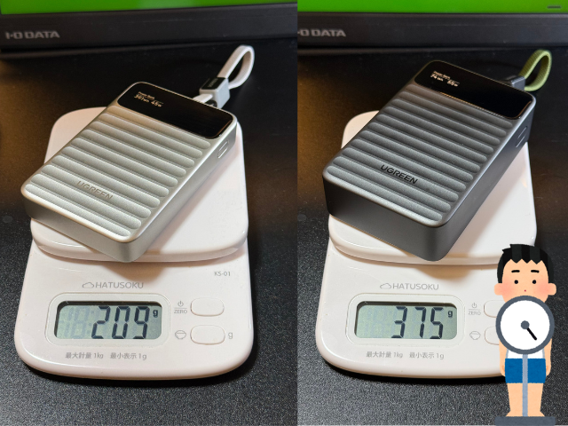 キッチンスケールでの重量測定。10,000mAh版は209g、20,000mAh版は375g
