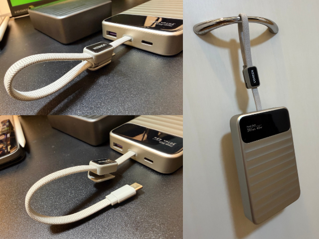ストラップ型の内蔵USB-Cケーブル。本体から取り外して給電・充電に使え、フックに掛けるストラップにもなる