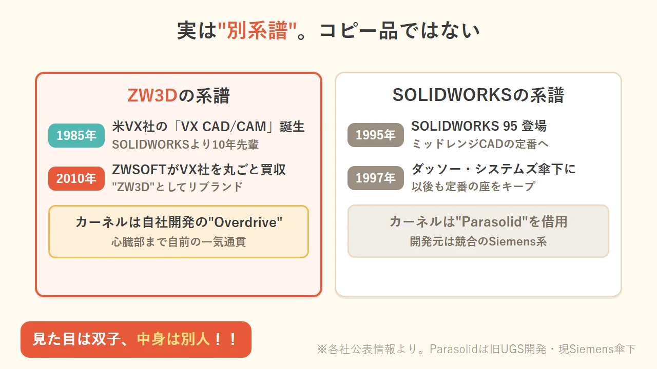 実は別系譜でコピー品ではない。ZW3Dは1985年の米VX CAD/CAM起源でカーネルは自社開発のOverdrive。SOLIDWORKSは1995年登場でカーネルはSiemens系のParasolidを借用。見た目は双子、中身は別人