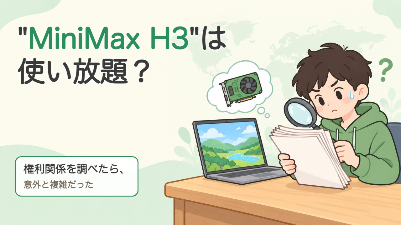 ノートパソコンで動画を作りながら、書類を虫眼鏡で読んで首をかしげる人物。"MiniMax H3"は使い放題？ 権利関係を調べたら、意外と複雑だった