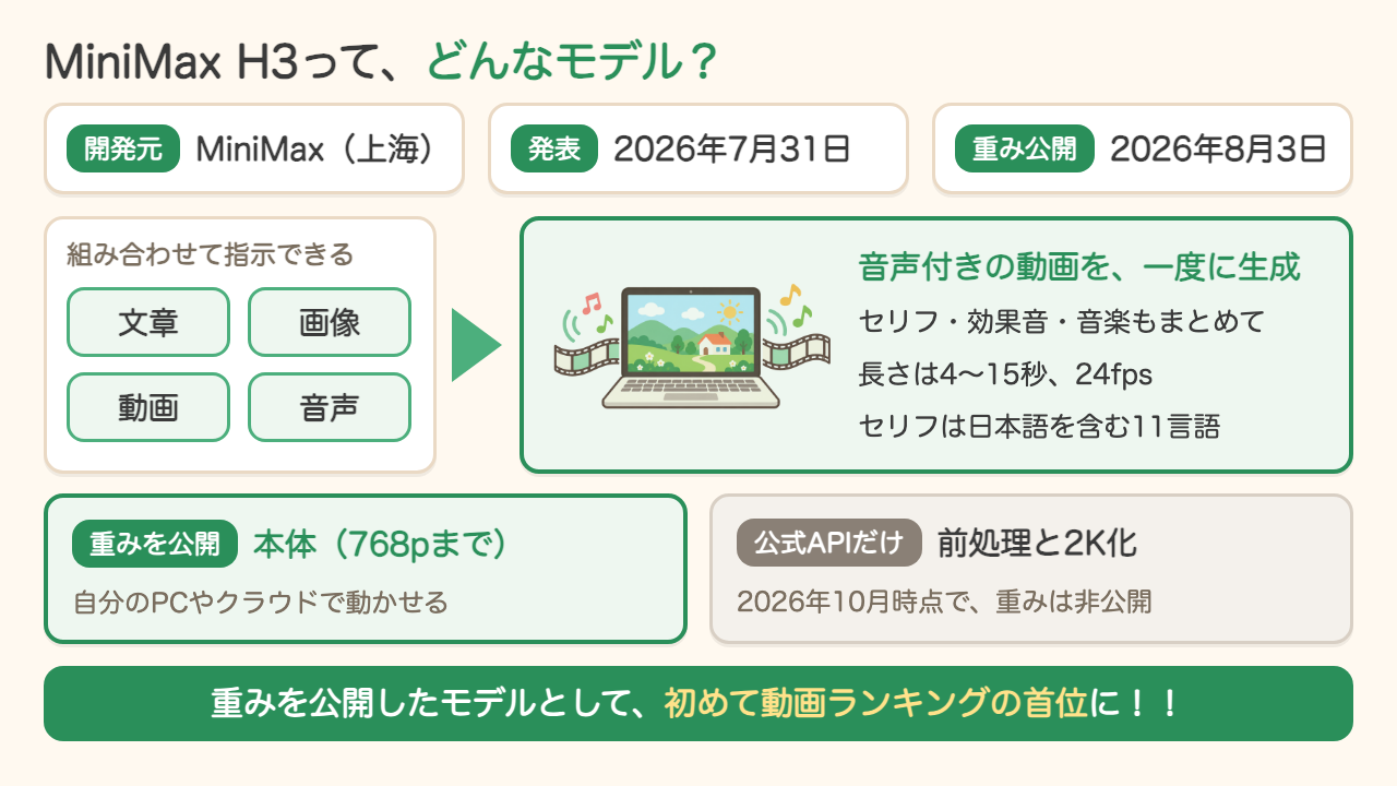 MiniMax H3の概要。上海のMiniMaxが2026年7月31日に発表し、8月3日に重みを公開。文章・画像・動画・音声を組み合わせた指示から音声付きの動画を一度に生成する。公開された本体は768pまでで、前処理と2K化は公式APIだけ